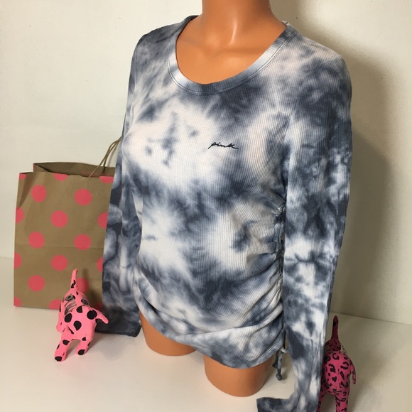 PINK VS WAFFLE KNIT TIE DYE RUCHED TIED SIDES TOP - Picture 5 of 7